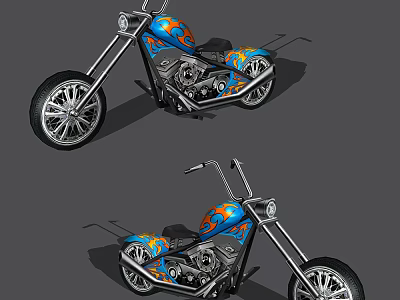 Custom Cruiser Motorcycle With Blue Orange Flame Graphics And Long Handlebars 3d model
