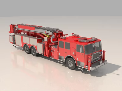 Red Fire Truck with Extended Ladder Emergency Rescue Vehicle Side Compartments Chrome Details 3d model