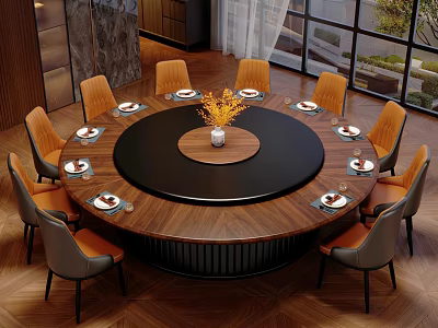 Hotel Restaurant Round Dining Table With Wooden Chairs Table Settings And Flower Centerpiece 3d model