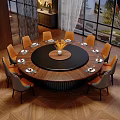 Hotel Restaurant Round Dining Table With Wooden Chairs Table Settings And Flower Centerpiece