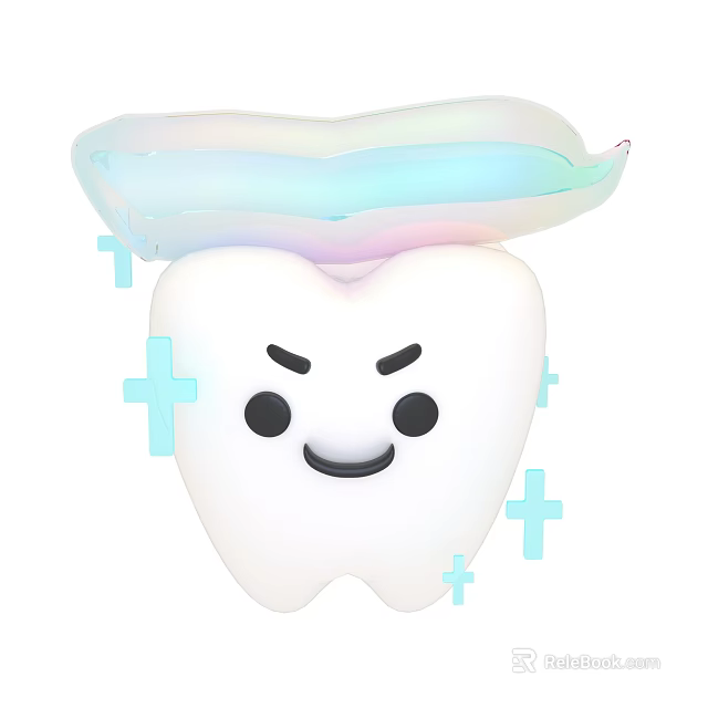 Tooth Shaped Decorative Ornament Set With Cartoon Face Iridescent Detail And Blue Crosses 3d model 