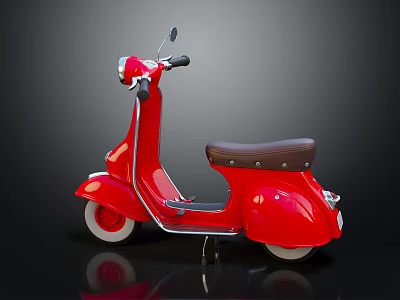 Red Vintage Scooter with Brown Leather Seat and White Wheels against Dark Background 3d model