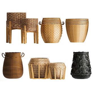 New Chinese Style Bamboo Basket Bamboo Rattan Basket Bamboo Rattan Basket Combination Bamboo Basket Laundry Basket Rattan Basket Clothes Basket Storage Basket 3d model