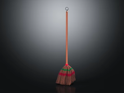 Colorful Broom With Wooden Handle Metal Ring And Striped Bristles On Dark Background 3d model