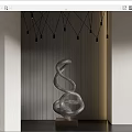 Modern Twisted Metal Sculpture In Indoor Space With Striped Wall And Hanging Pendant Lights