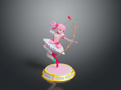 Pink Hair Girl Figure With Pink White Dress Rose Staff Pink Base And Gold Trim 3d model