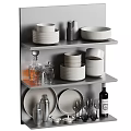 Modern Kitchen Shelves Displaying Glassware White Plates Round Platters Storage Jars And Metal Shakers