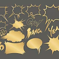 Golden Comic Style Wall Decor With Speech Bubbles Explosion Shapes And Text Elements 3d model