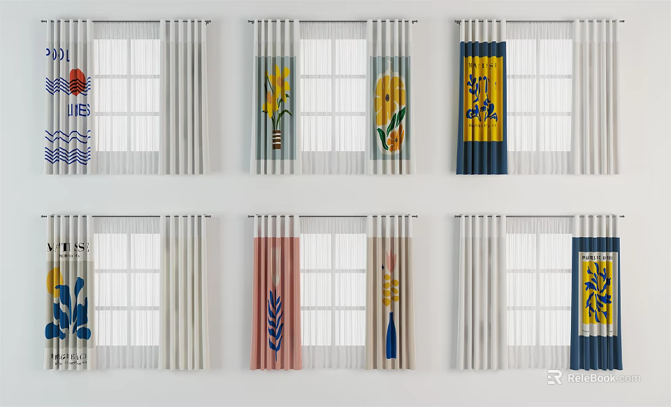 Stylish Curtains With Various Floral And Geometric Patterns For Home Windows 3d model 