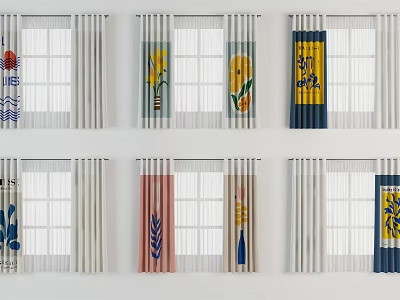 Stylish Curtains With Various Floral And Geometric Patterns For Home Windows 3d model