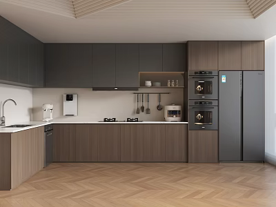 Modern Kitchen Interior With Dark Wood Gray Cabinets And Stainless Steel Appliances 3d model