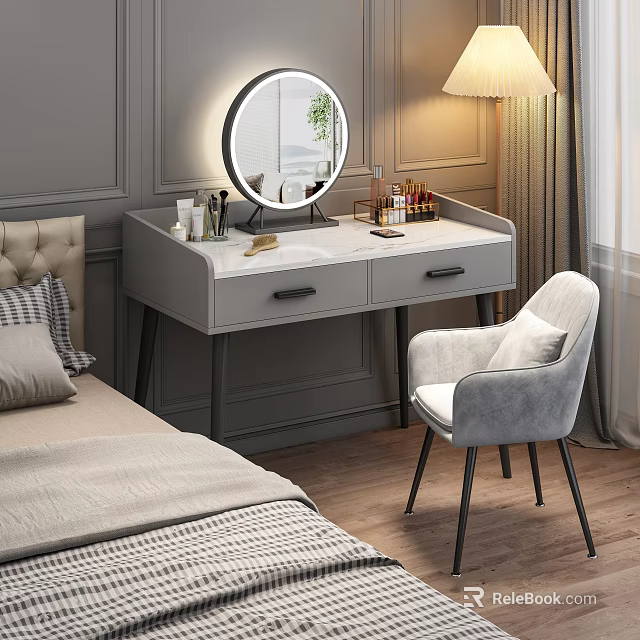 Elegant Gray Dressing Table With Marble Top Round Mirror Lighted And Cosmetics Side Chair 3d model 