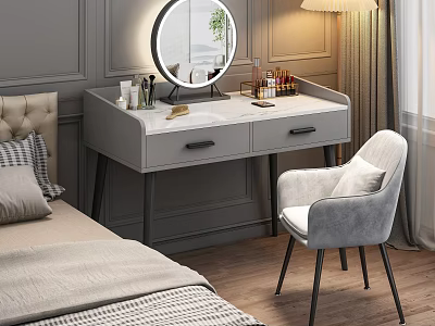 Elegant Gray Dressing Table With Marble Top Round Mirror Lighted And Cosmetics Side Chair 3d model