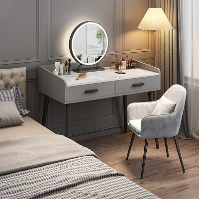 Elegant Gray Dressing Table With Marble Top Round Mirror Lighted And Cosmetics Side Chair 3d model