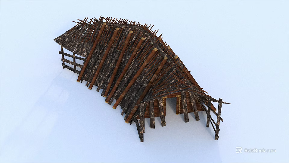 Rustic Wooden House with Thatched Roof and Log Support Beams in Traditional Rural Design 3d model 