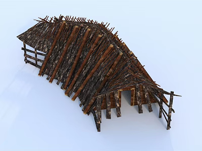 Rustic Wooden House with Thatched Roof and Log Support Beams in Traditional Rural Design 3d model