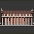 Cartoon Ancient Greek Style Building With Red Roof White Columns Steps And Statues