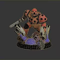 Red Armored Game Character With Black Spots Holding Dual Silver Guns On Purple Orange Base
