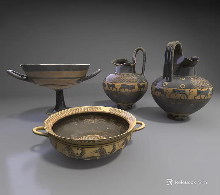Ancient Greek Ceramic Vessels With Black And Gold Animal Motifs And Two Handled Footed Design 3d model 