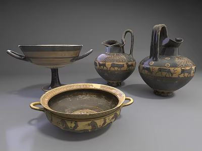 Ancient Greek Ceramic Vessels With Black And Gold Animal Motifs And Two Handled Footed Design 3d model