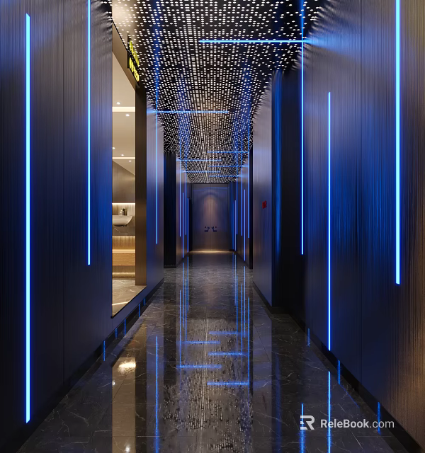 Modern Corridor With Blue Strip Lights Dark Walls And Shiny Reflective Floor 3d model 