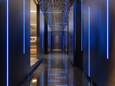 Modern Corridor With Blue Strip Lights Dark Walls And Shiny Reflective Floor 3d model