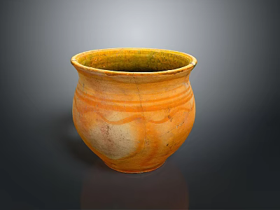 Hand-Carved Sculptural Pottery Jar with Orange Yellow Glaze and Intricate Striped Patterns in Ceramic Art 3d model
