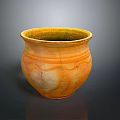 Hand-Carved Sculptural Pottery Jar with Orange Yellow Glaze and Intricate Striped Patterns in Ceramic Art