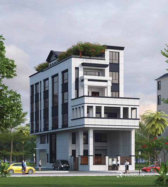 Modern Detached Villa With Black White Exterior Large Windows Roof Greenery And Surrounding Trees 3d model 