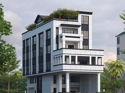 Modern Detached Villa With Black White Exterior Large Windows Roof Greenery And Surrounding Trees 3d model