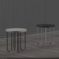 Modern Round Stools with Wooden Seat and Black Metal Legs in Interior Space
