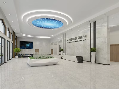 Modern Sales Office Interior With Marble Walls Front Desk Ceiling Design And Green Plants 3d model
