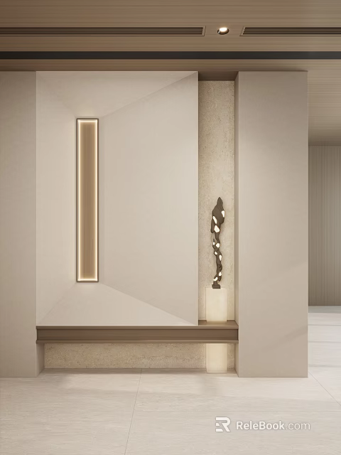 Minimalist Entryway Interior Design With Long Wall Light And Decorative Sculpture 3d model 
