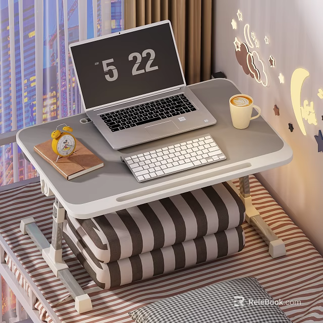 Foldable Desk with Laptop External Keyboard Coffee Cup Alarm Clock Notebook on Striped Cushion 3d model 