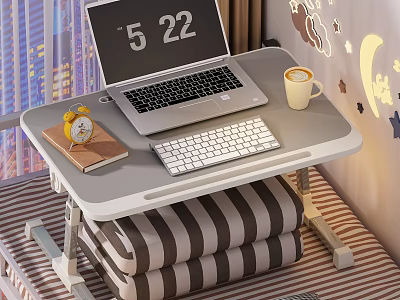 Foldable Desk with Laptop External Keyboard Coffee Cup Alarm Clock Notebook on Striped Cushion 3d model