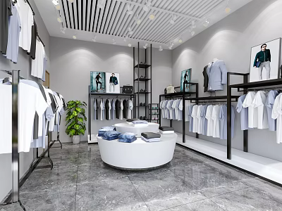 Modern Clothing Store Interior With White Shirts Round Display Table Green Plant And Black Racks 3d model