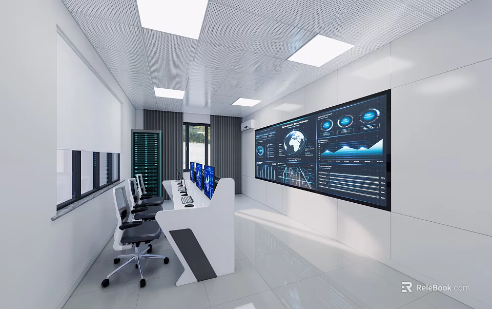 Modern Monitoring Room Interior Design With Large Screens Data Charts Control Desks And Chairs 3d model 