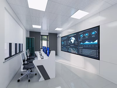 Modern Monitoring Room Interior Design With Large Screens Data Charts Control Desks And Chairs 3d model