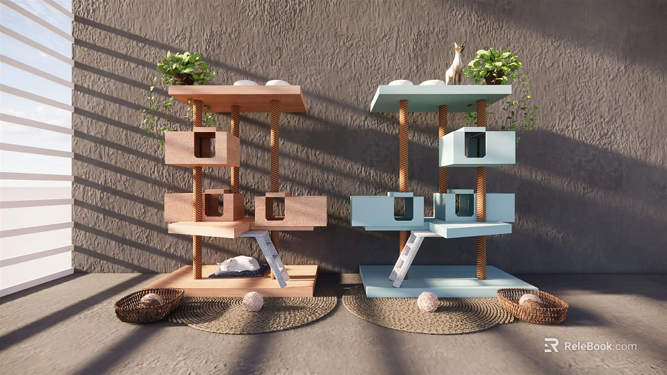 Multi Level Brown And Light Blue Cat Trees With Nests Ropes Scratchers Plants Toy Balls 3d model 