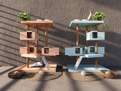 Multi Level Brown And Light Blue Cat Trees With Nests Ropes Scratchers Plants Toy Balls 3d model