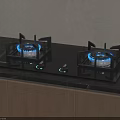 Modern Kitchen Gas Stove With Blue Flames On Black Countertop And Wooden Cabinets