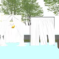 Elegant Pergola With White Curtains And Water Reflections Surrounded By Trees