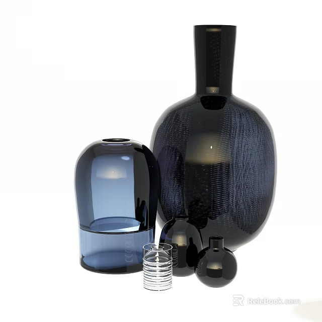 Decorative Glass Vases in Blue and Black with Various Sizes Shapes for Home Decor 3d model 