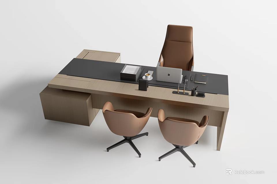 Modern Office Desk With Brown Chair and Two Guest Chairs Laptop Documents and Office Supplies 3d model 