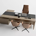 Modern Office Desk With Brown Chair and Two Guest Chairs Laptop Documents and Office Supplies