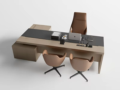 Modern Office Desk With Brown Chair and Two Guest Chairs Laptop Documents and Office Supplies 3d model