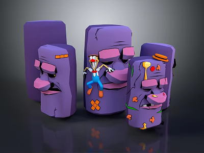Cartoon Game Characters Purple Block Multiple Forms And Central Jumping Figure Blue Pants Red Shoes 3d model