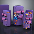 Cartoon Game Characters Purple Block Multiple Forms And Central Jumping Figure Blue Pants Red Shoes