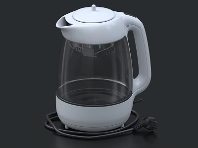 White Electric Kettle With Transparent Glass Body White Handle And Power Cord 3d model