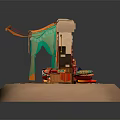 Cartoon Scene of a Market Stall with Colorful Awning Decorative Carpets Figurine and Vibrant Details